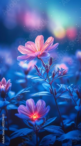 A beautiful snowy mountain landscape flower with the night sky lit up with the Aurora Borealis. 