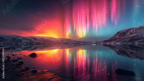 A beautiful snowy mountain landscape with the night sky lit up with the Aurora Borealis. 