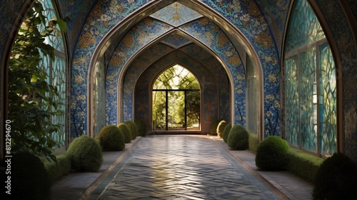View of a tranquil pathway under arches with intricate blue tile mosaic in a historical building.