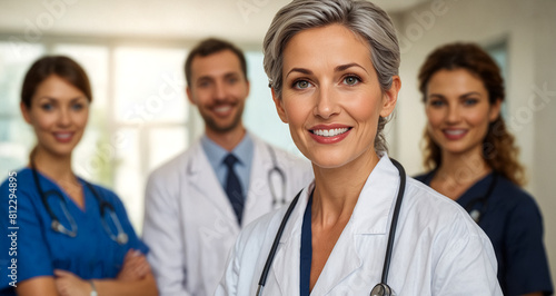 A female doctor with her teammates at the hospital.
