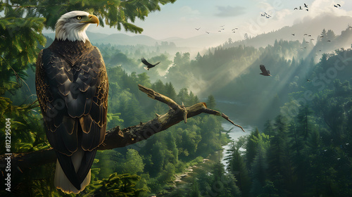 Iconic Bald Eagle Amidst Scenic American Forest Landscape: A Tryst With Nature's Grandeur photo