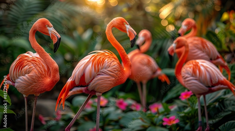 Beautiful bright pink flamingos shown off against the green tropical foliage. Beautiful bright pink flamingos shown off against the green tropical foliage.