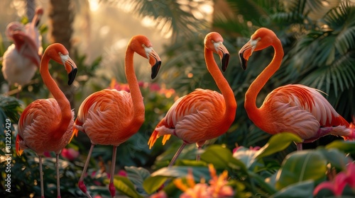 Beautiful bright pink flamingos shown off against the green tropical foliage. © Elle Arden 