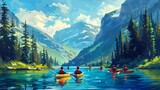 Mountain Canoeing Excursion: Group Paddling Amidst Majestic Scenery