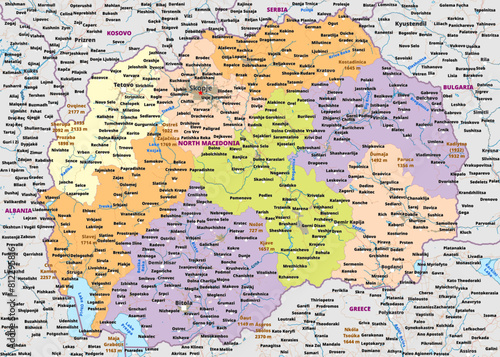 Detailed political map art of North Macedonia