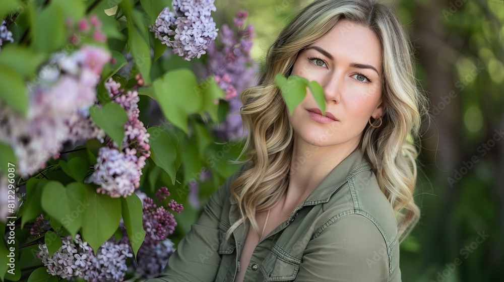 Beautiful blonde wearing a green shirt poses next to blooming lilac tree blooms Beautiful blonde wearing a green shirt poses next to blooming lilac tree blooms