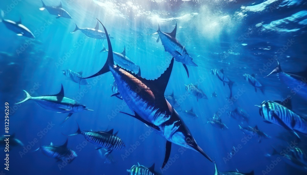 Obraz premium Giant Marlin fish in the ocean, beautiful view of marlin fish in the blue ocean