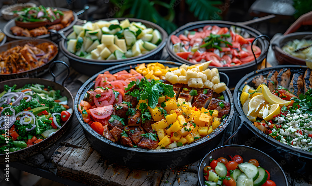 A table full of food with a variety of dishes including salads, vegetables A table full of food with a variety of dishes including salads, vegetables