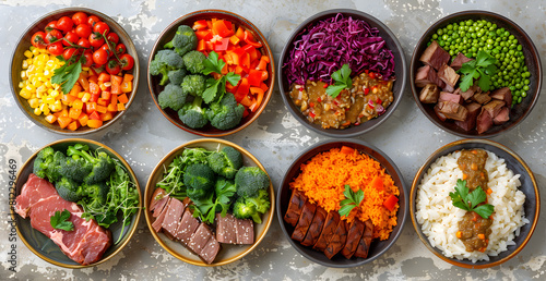 A variety of colorful bowls filled with different types of food, including meat