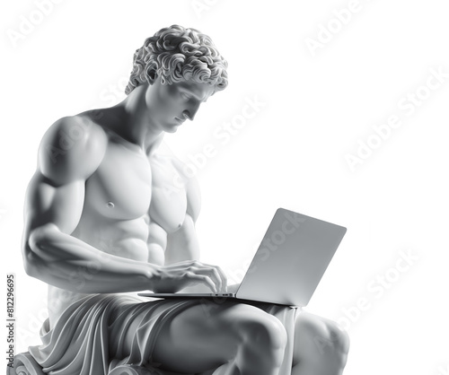 A classical Greek statue, carved from pristine white marble, sits and holds a modern laptop. The minimalist white background underscores this intriguing juxtaposition of ancient beauty.