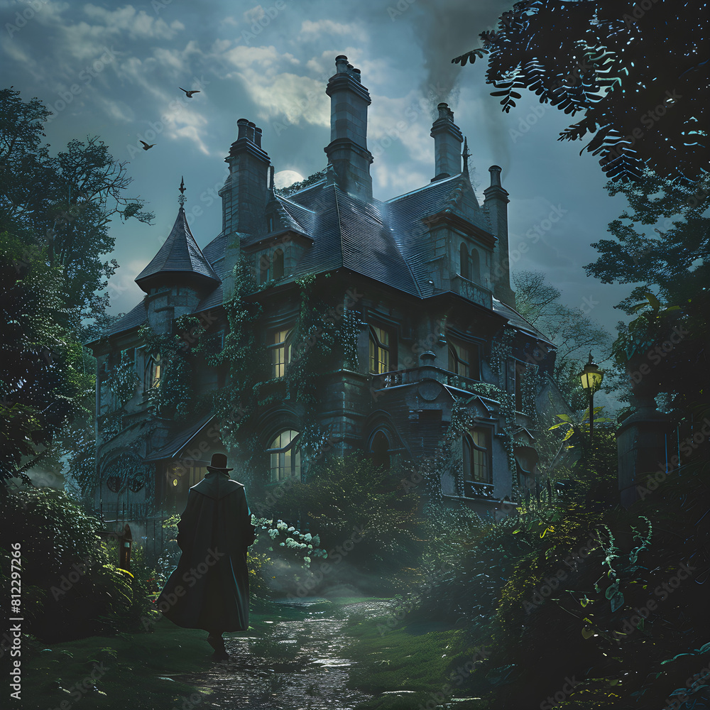 Moonlit Victorian Era Mansion - Mysterious Scene from a Grand UK Classic Novel