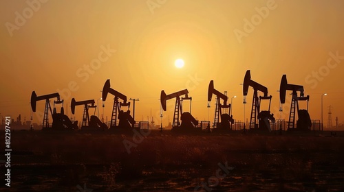 oil pumps in operation silhouetted against the sun