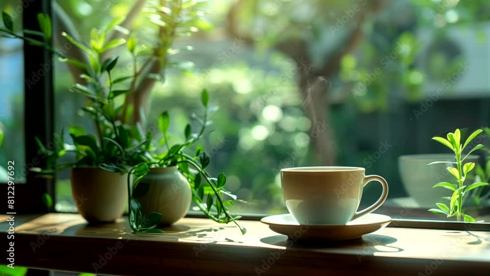 Coffee on the table during breakfast in the morning with greenery decorations on the side. looping time-lapse video Coffee on the table during breakfast in the morning with greenery decorations on the side. looping time-lapse video