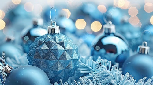 A close up of a blue Christmas ornament with silver glitter and a silver cap laying on a bed of blue tinsel with white lights in the background. AIG51A.