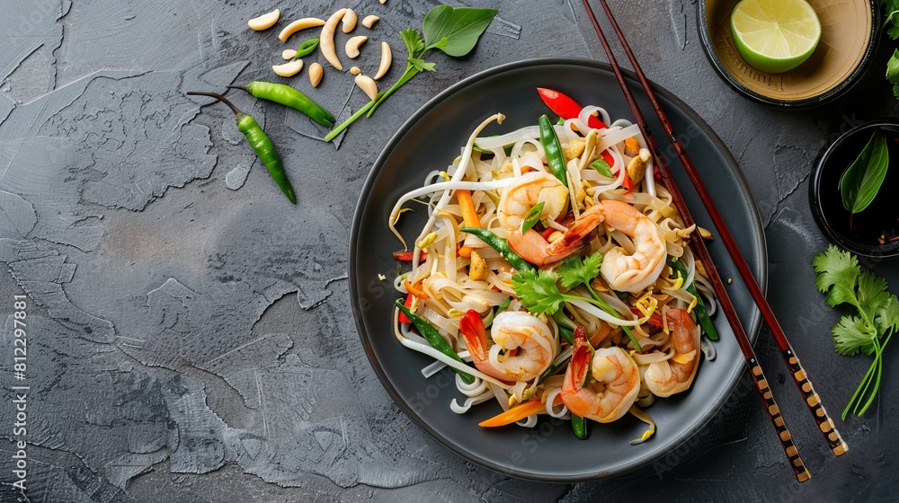 Traditional pad thai on a gray stone background with copy space, shrimp, fresh vegetables, and wheat noodles on a plate on a table with chopsticks. top view Traditional pad thai on a gray stone background with copy space, shrimp, fresh vegetables, and wheat noodles on a plate on a table with chopsticks. top view