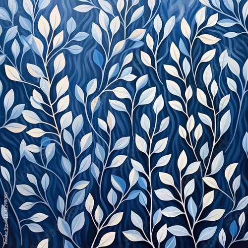 Stylized Blue Leaf Pattern on Textured Canvas © M.IVA