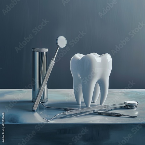 3D tooth model alongside various dental tools on a sterilized clinic surface. Concept image of a dental hygiene background.