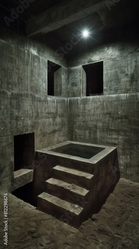 A dark, empty room with a concrete bathtub and a light shining on it