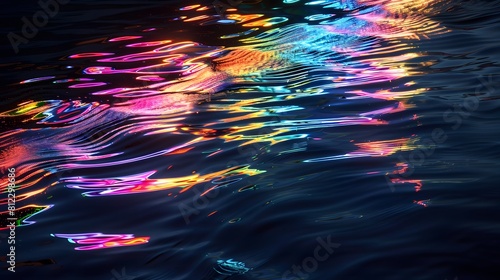 Multicolored light trails reflected on a water surface. 
