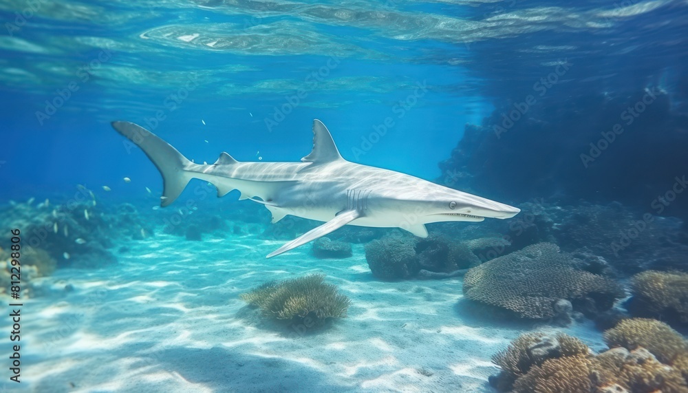The Giant Sharks in the ocean, portrait of Shark hunting prey in the underwater The Giant Sharks in the ocean, portrait of Shark hunting prey in the underwater