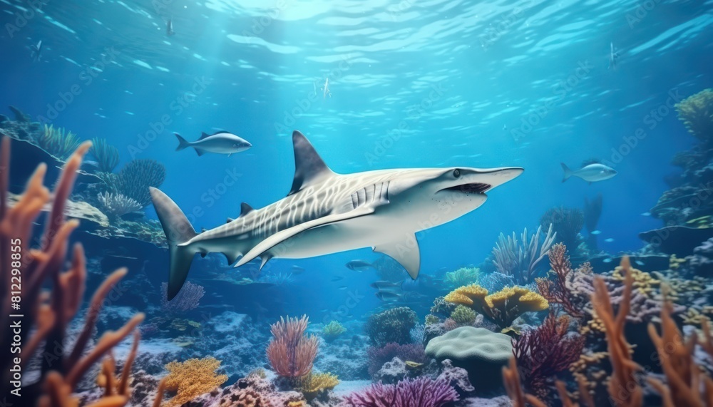 Naklejka premium The Giant Sharks in the ocean, portrait of Shark hunting prey in the underwater