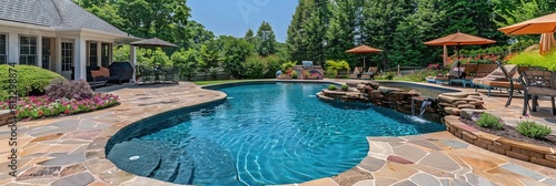 backyard swimming pool, summer, colorful flowers 