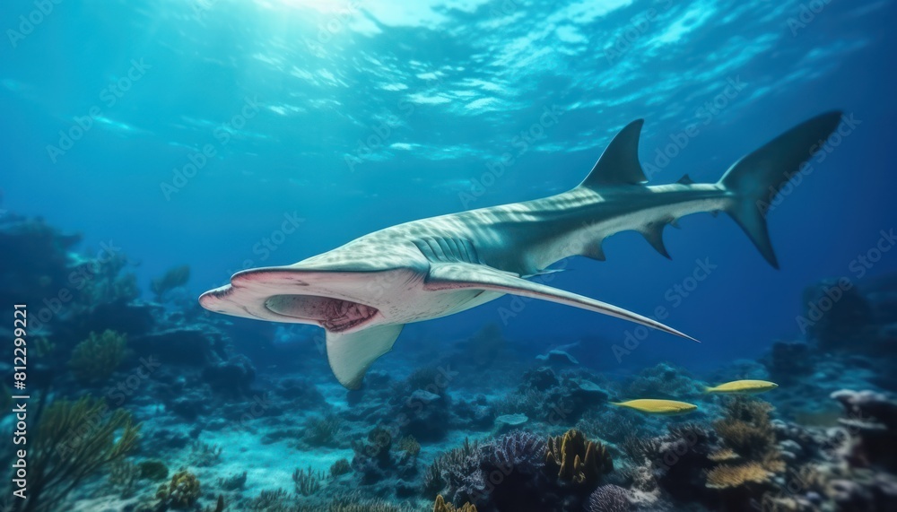 The Giant Sharks in the ocean, portrait of Shark hunting prey in the underwater The Giant Sharks in the ocean, portrait of Shark hunting prey in the underwater