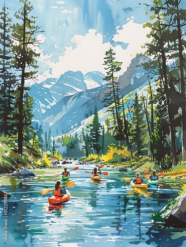 Explore tranquility: Rafters glide along peaceful river, surrounded by scenic beauty.
