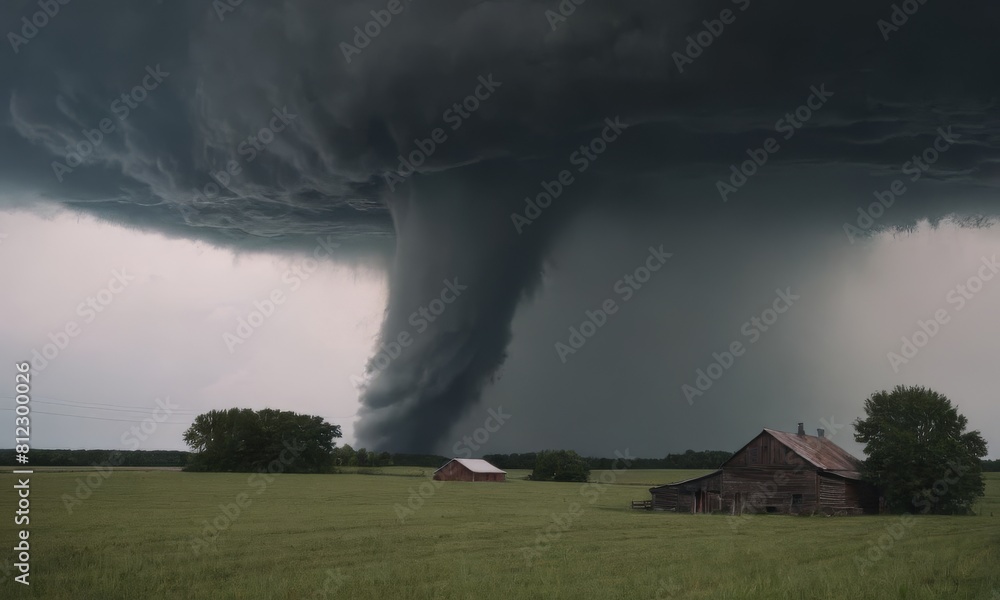 A powerful tornado is approaching a rural area. In the foreground, the seemingly tranquil grassy fields create a striking contrast with the imminent natural hazard