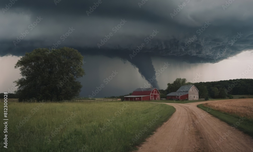 A powerful tornado is approaching a rural area. In the foreground, the seemingly tranquil grassy fields create a striking contrast with the imminent natural hazard A powerful tornado is approaching a rural area. In the foreground, the seemingly tranquil grassy fields create a striking contrast with the imminent natural hazard