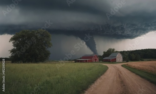 A powerful tornado is approaching a rural area. In the foreground, the seemingly tranquil grassy fields create a striking contrast with the imminent natural hazard