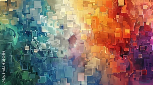 Artistic abstract digital image of rainbow color in pixel art texture. The squares are various sizes and bright colors, including red, blue, yellow, green, and orange. Gradient color concept. AIG42.