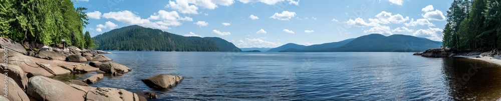 lake and mountains, summer day