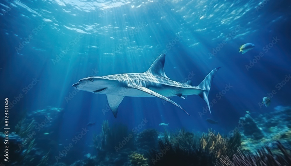 Fototapeta premium The Giant Sharks in the ocean, portrait of Shark hunting prey in the underwater