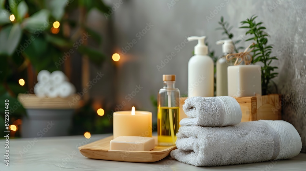 Spa wellness or massage products set for skin treatment isolated on background, towel, candle, oil and soap aromatics spa.