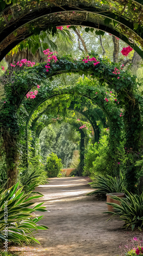 Series of Arches in a Lush Garden Setting: Intertwined with Climbing Plants and Flowers, Perfect for Romantic Walks and Enchanting Garden Designs © Neyro