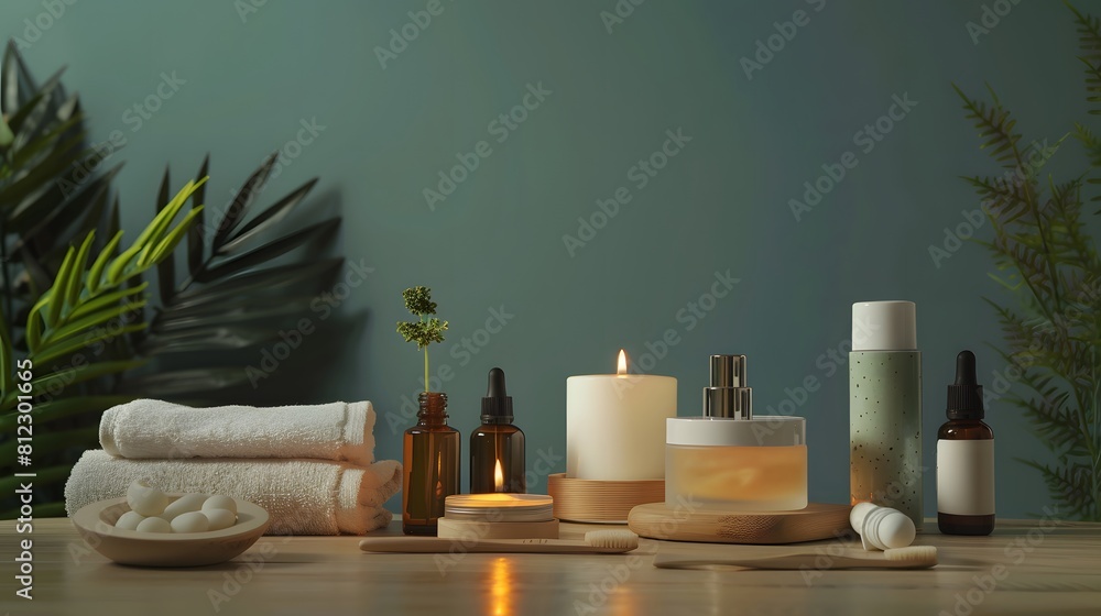 Spa wellness or massage products set for skin treatment isolated on background, towel, candle, oil and soap aromatics spa.