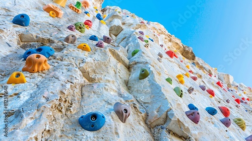 Outdoor climbing wall, rugged texture, natural stone appearance, vibrant holds, clear blue sky backdrop photo