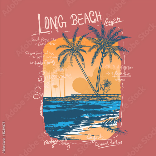Hand drawn art long Beach Vibes summer sunset beach graphic print , hand written font sea, palm tree, sun, sunset, wave, mountain mixed together this design, Summer vibes graphic print design