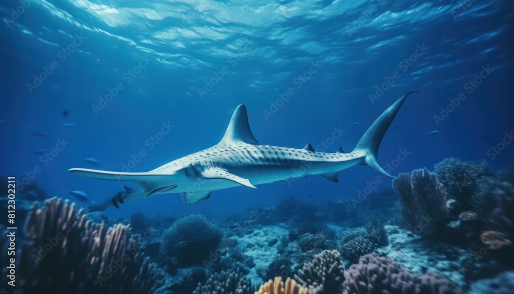 The Giant Sharks in the ocean, portrait of Shark hunting prey in the underwater The Giant Sharks in the ocean, portrait of Shark hunting prey in the underwater