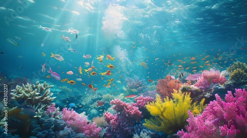 Underwater with colorful sea life fishes and plant at seabed background, Colorful Coral reef landscape in the deep of ocean. Marine life concept, Underwater world scene. 