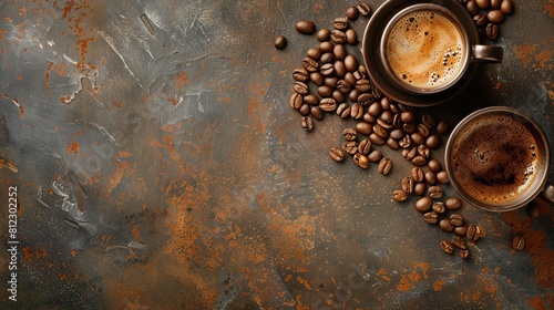 Beans and a coffee cup on an antique kitchen table. Top view with your text's copyspace