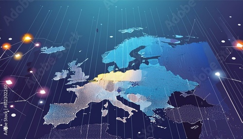 Create a captivating abstract digital map showcasing Western Europe, emphasizing the concept of a robust European global network and connectivity. Highlight data transfer and cyber technology, illustr © Dakwah