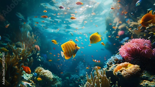 Underwater with colorful sea life fishes and plant at seabed background, Colorful Coral reef landscape in the deep of ocean. Marine life concept, Underwater world scene. 