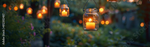 A garland of beautiful candlesticks made from used glass jars. They are suspended in the spring evening garden. Horizontal banner with free place for text photo