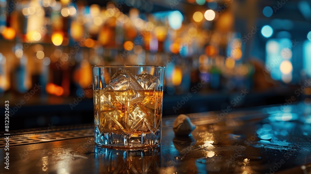 Timeless Beverage Illuminated Dramatically, Garnished with Orange Rind, Presented on Vintage Bar, with Softly Glowing Bottles Creating Bokeh Effect in the Background. Timeless Beverage Illuminated Dramatically, Garnished with Orange Rind, Presented on Vintage Bar, with Softly Glowing Bottles Creating Bokeh Effect in the Background.