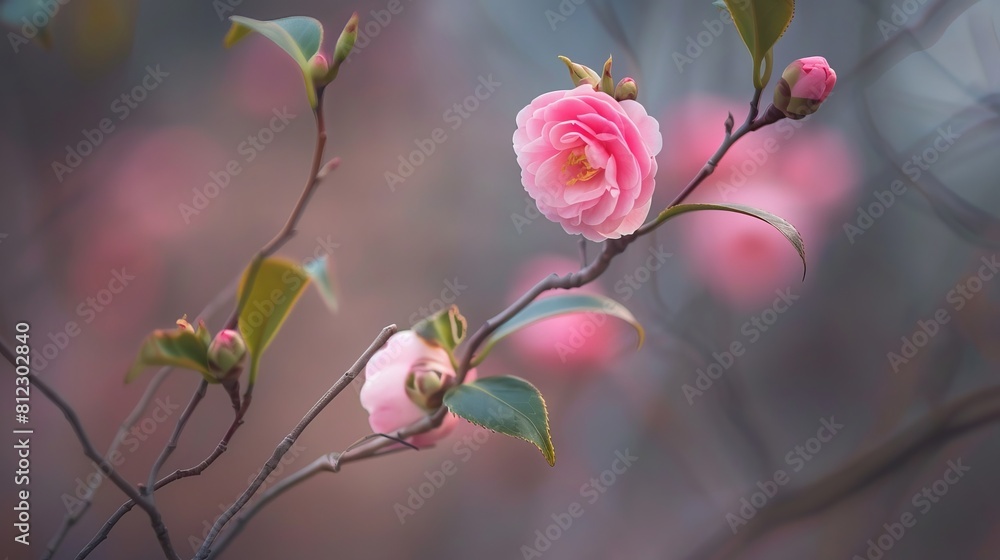 In springtime in New Hampshire, Camellia reticulata flowers, buds, and branches. In springtime in New Hampshire, Camellia reticulata flowers, buds, and branches.