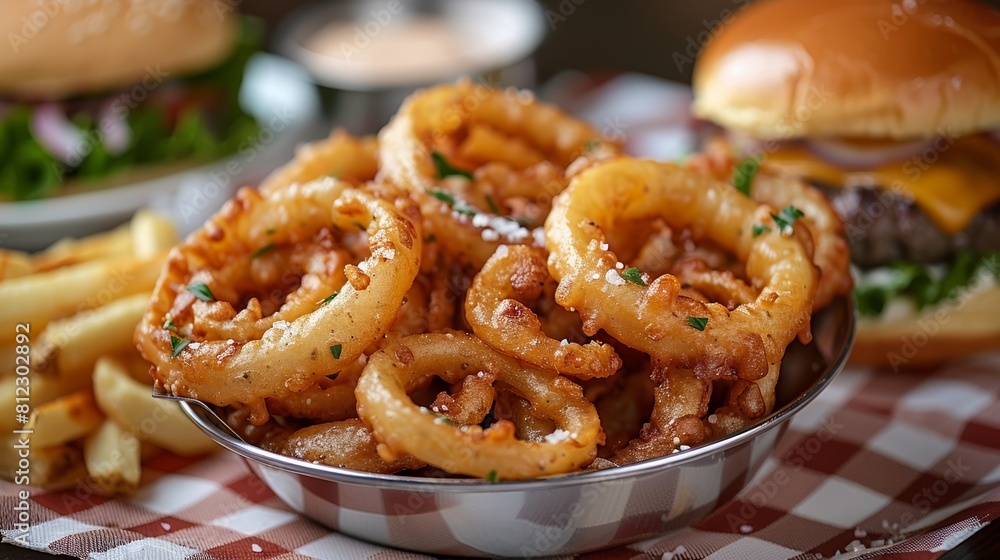 Delicious onion rings in a basket on a table with a burger. Delicious onion rings in a basket on a table with a burger.