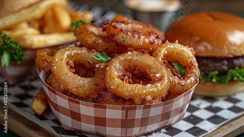 Delicious onion rings in a basket on a table with a burger. © Elle Arden 