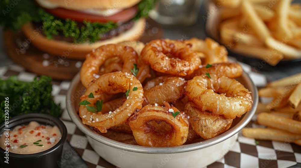 Delicious onion rings in a basket on a table with a burger. Delicious onion rings in a basket on a table with a burger.